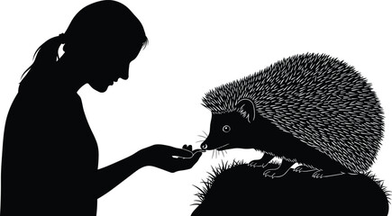 Human hedgehog silhouette, wildlife interaction icon, feeding moment, black illustration, nature kindness, animal care gesture, elevated pose, forest connection, gentle behavior