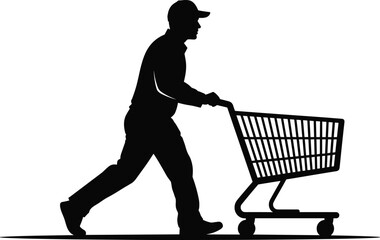Shopping cart silhouette, retail activity icon, consumer behavior gesture, black illustration, commerce symbol, walking shopper pose, market interaction, purchasing moment, store lifestyle
