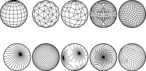 Abstract Sphere Wireframe Geometry Collection Vector Set Different Digital Globe Shapes Grid Pattern Technology Design Background Element.