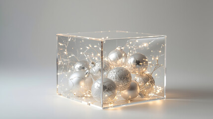 Glowing Ornaments in a Box: A crystal clear cube encases shimmering silver ornaments, intertwined with warm, twinkling lights, creating a captivating display.