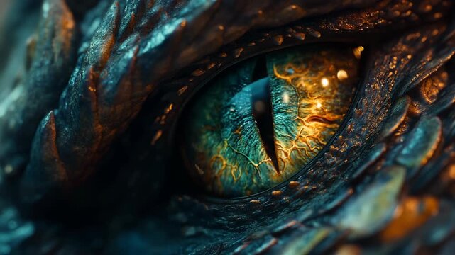 A close up of a dragon eye with glowing golden iris and detailed reptilian scales illuminated by dramatic light, mythical fantasy, strength, mystery, imagination, power and magical creatures.