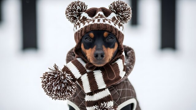 Adorable miniature pinscher dog dressed warmly in a brown and white striped knitted winter hat with pompoms and matching scarf standing outdoors in the snow