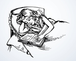 Vector drawing. Girl asleep in a bed