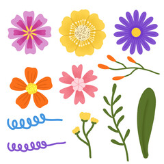 Koleksi Elemen Bunga Ilustrasi Warna-Warni Gaya Hand-Drawn dengan Latar Transparan