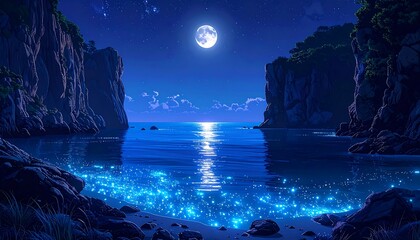 A serene seascape under a luminous moon, framed by rocky cliffs, with sparkling bioluminescent waters