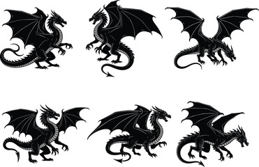 Epic Black Dragon Collection in Various Poses Mythical Flying Creature, Powerful Fantasy Beast, Dark Silhouette, Vector Graphic Set for Gaming or Tattoo Art.