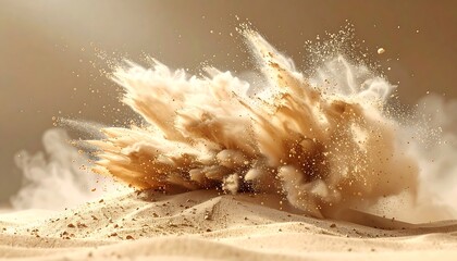 A dynamic eruption of sand in mid-air with particles suspended against a tan background