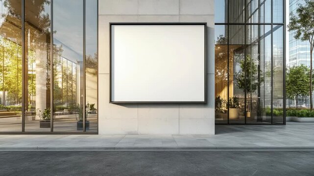Large blank billboard mounted on modern glass building exterior, symbolizing advertising, branding, promotion, city marketing, urban communication, creative outdoor commercial presentation concept.