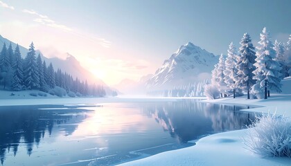 A serene, frosty landscape of a frozen lake reflecting a pastel sunset with snow-laden trees and majestic mountains