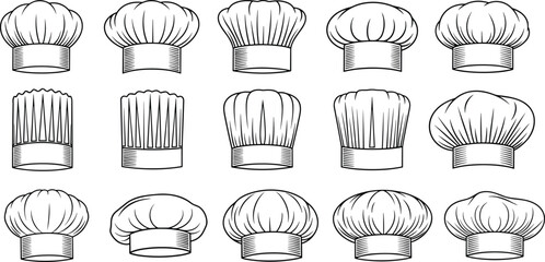 Large Variety of Chef Toque Hats Outline Vector Illustration Set: Different Styles of Cooking and Culinary Headwear for Bakery or Restaurant Logos.