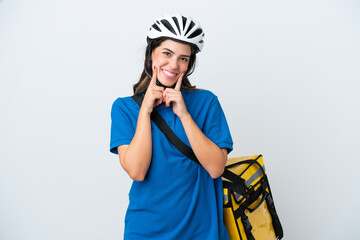 Young delivery woman with thermal backpack isolated on white background smiling with a happy and pleasant expression