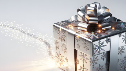 Fototapeta premium Gift of Radiance: A beautifully wrapped silver present, adorned with a shimmering bow, is presented against a softly lit backdrop. sparkling stars add a touch of magic.