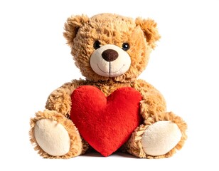 Obraz premium Soft plush teddy bear with a heart-shaped pillow, sitting on a white background