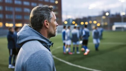 Athletic coach in gray hoodie observes soccer practice on field, with players engaged in training, camera pans to capture the action and atmosphere of teamwork - Powered by Adobe