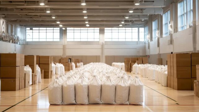 Warehouse scene showcasing large white bags and cardboard boxes arranged in neat rows, with camera dolly movement revealing the organized space and ambient lighting