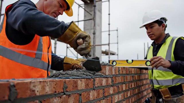 Bricklayers At Work, Constructing a Wall with Mortar and Bricks on a Building Site