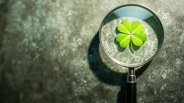 Green four-leaf clover under magnifying glass on dark surface, symbolizing luck, discovery, hope, focus, research, close-up exploration, botany, optimism, and nature observation in detail.