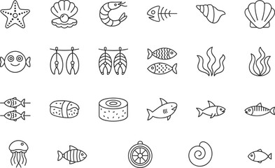 Seafood, marine life, and sushi outline vector icons set,featuring fish, shellfish, starfish, and seaweed essential for cooking, restaurants, and ocean ecology projects.