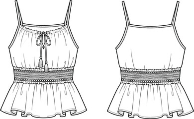 Fashion Technical Sketch Women's Peplum Camisole Blouse Shirred Smocking Waistline Tassel Drawstring Detail Spaghetti Strap CAD Apparel Vector.