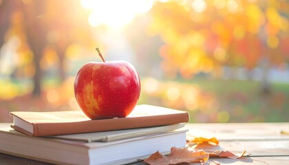 A shiny red apple sits atop books, with autumn foliage blurred in the warm, bright background