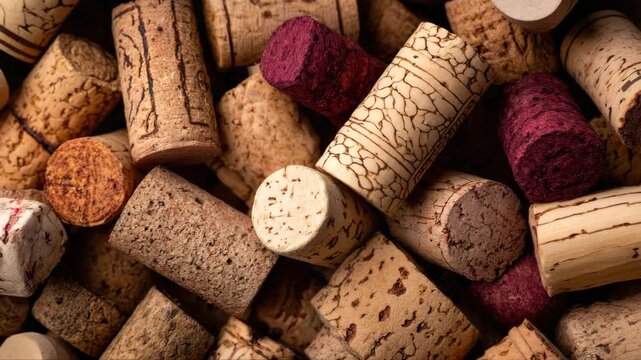Close-up view of assorted wine corks in various textures and colors, showcasing the unique characteristics of cork material, camera zooms in for detailed examination