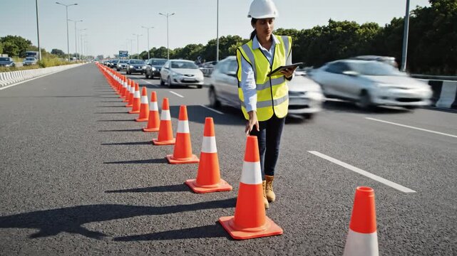 Female civil engineer in safety vest inspects highway construction zone using tablet. Professional ensures road safety amidst traffic. Ideal for industrial and infrastructure concepts.