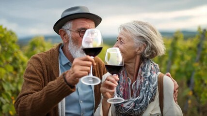 Joyful elderly couple sharing a moment in vineyard, raising glasses of red wine, camera captures their laughter and connection, showcasing love and happiness - Powered by Adobe