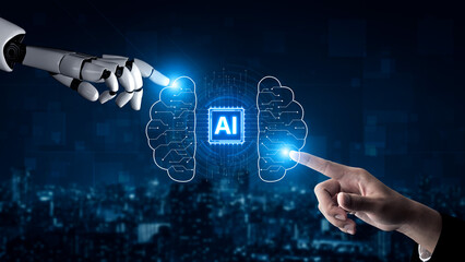 AI brain processes big data with generative AI, LLMs, and machine learning to support business...