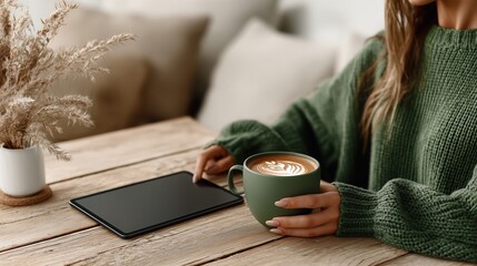 A girl with a tablet and coffee, a tablet mockup for an advertising banner, a freelancer's morning routine, social media, and internet addiction. High quality