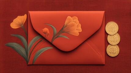 red envelope with gold coins Chinese New Year. Lunar New Year of Dragon Chinese new year red background for 2026 year of horse. High quality