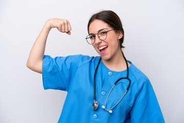 surgeon doctor woman holding tools isolated on white background doing strong gesture