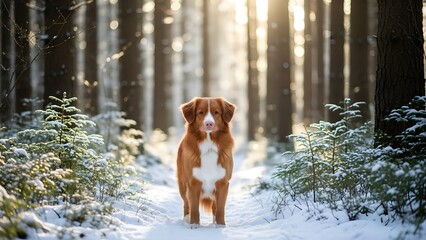 A beautiful nova scotia duck tolling retriever dog standing proudly on a snowy path in a sunlit winter forest with tall pine trees