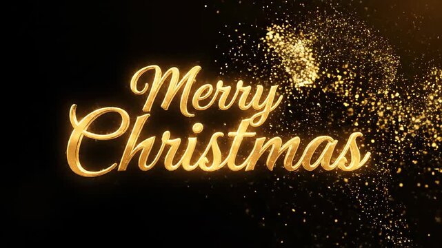 Stunning golden script text animation wishing Merry Christmas with elegant sparkling light effect on black background