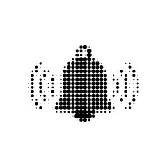 Halftone bell icon with ringing lines in black dots on white background, minimal digital notification symbol in retro pop art style.