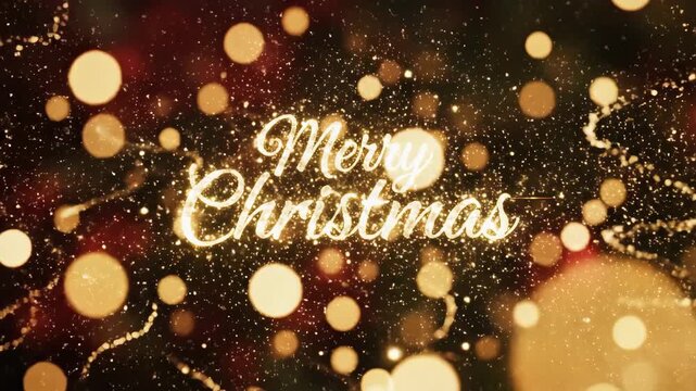 Stunning golden light animation reveals glowing Merry Christmas script amidst sparkling holiday bokeh effects