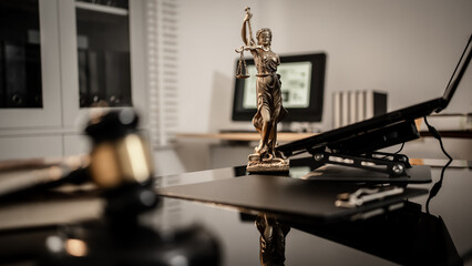 A bronze-toned Lady Justice statue stands centered beside courtroom gavel on polished desk, reflecting soft light against blurred legal-office, fairness, digital law, modern judicial integrity.