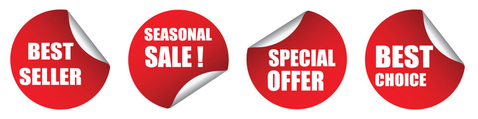 Collection of four red circular vector stickers with peeled corners and white bold text, including 