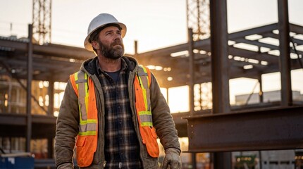 A civil engineer at a construction site wearing a helmet and protective gear inspects a construction site	

