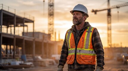 A civil engineer at a construction site wearing a helmet and protective gear inspects a construction site	
