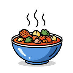 Colorful bowl of steaming hot traditional Asian seafood and vegetable soup