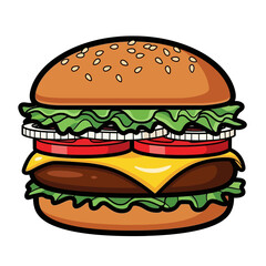 Delicious cheeseburger with fresh vegetables and toasted sesame bun in a