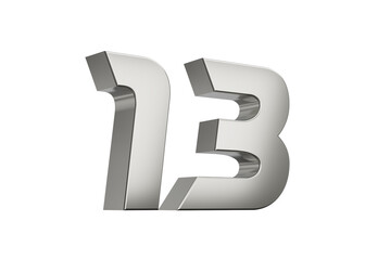 3d Silver number 13 Thirteen sleek metallic look with a slight shadow effect, 3d illustration