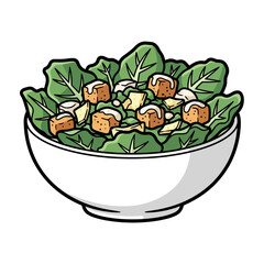 Fresh spinach salad with croutons and cheese in a white bowl on a white