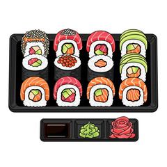 Assorted colorful sushi rolls arranged on a tray with garnishes and condiments