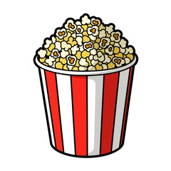 Whimsical illustration of a classic striped popcorn container filled with