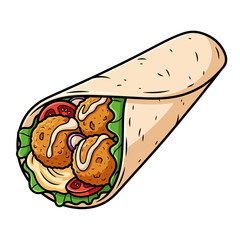 Delicious filling falafel wrap with fresh vegetables and creamy sauces in a