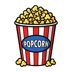 Colorful cartoon style popcorn bucket with striped pattern and cheerful design