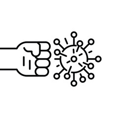 Webfist kick by bacteria icon, protect on virus, conquer infection disease, resistance antimicrobial, thin line web symbol on white background - editable stroke vector illustration eps10