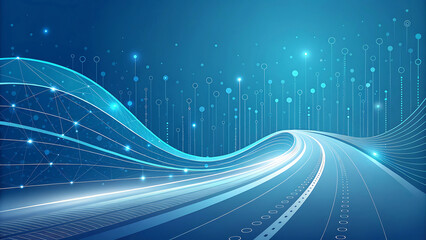 Abstract blue digital highway with glowing light trails and data streams
