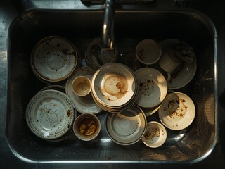 A stack of dirty dishes fills a metal kitchen sink under a faucet. Food scraps and coffee stains cover the plates and bowls in messy, overhead lighting.